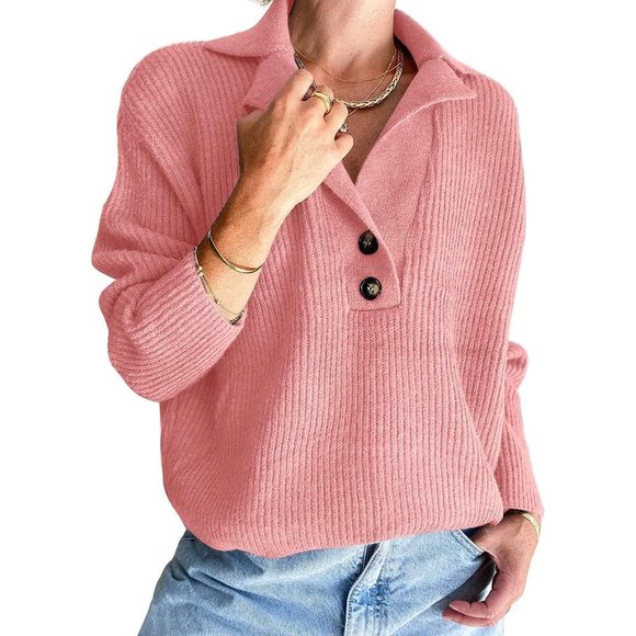 Women's Snap-Buttons Foldover Collar Henley Knitted Pullover Sweater Tops - Picture 1 of 5